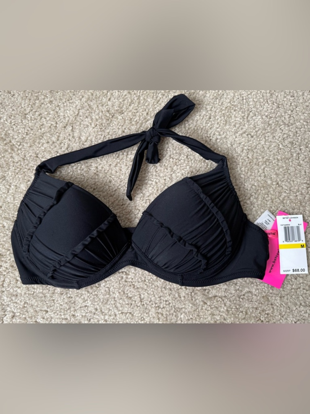 NWT Betsey Johnson Black Halter Bikini Top w/ Ruched Ruffle detail Size M